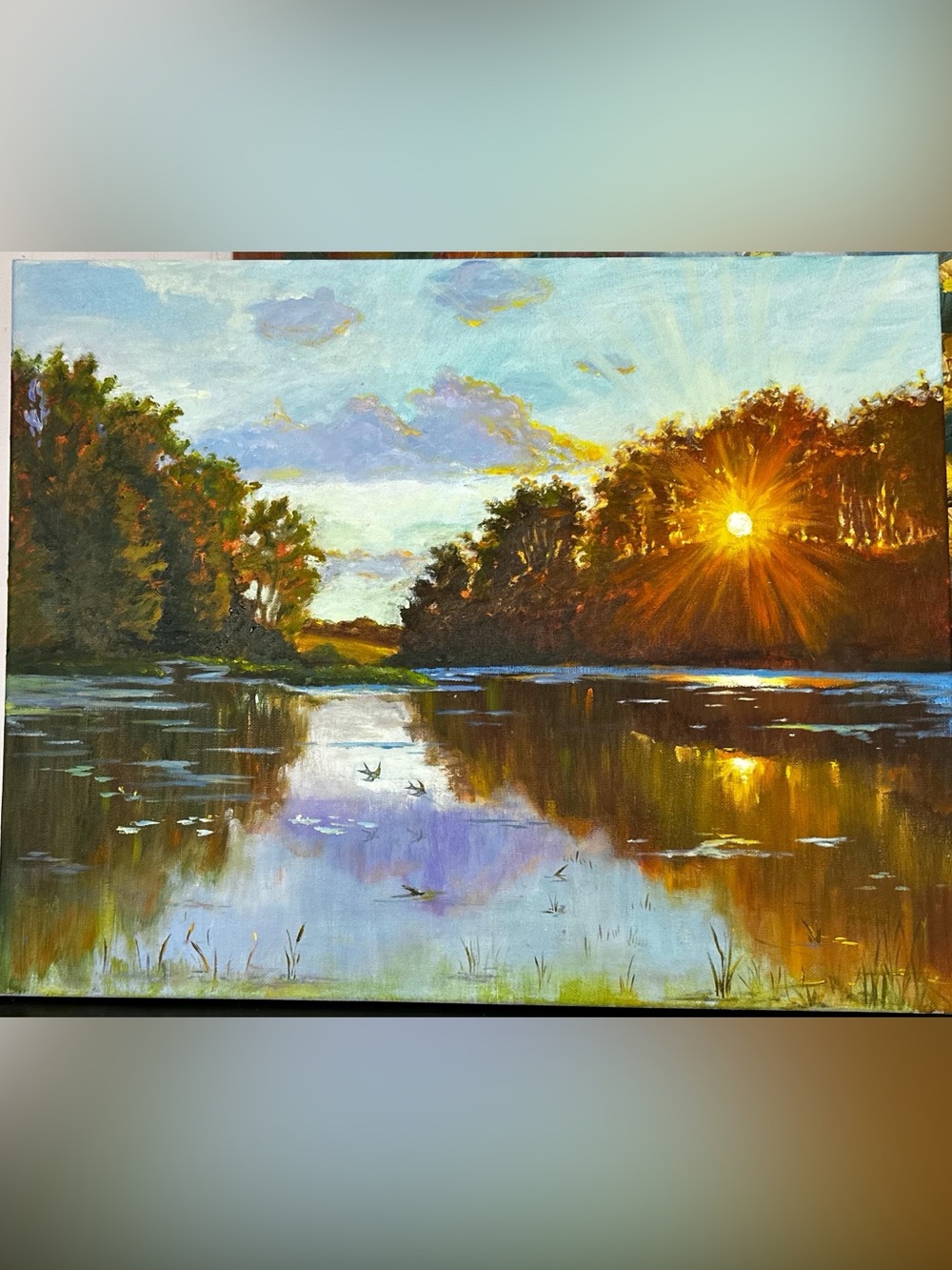 Sunset Lake Landscape Wall Art - Blue, Green & Gold